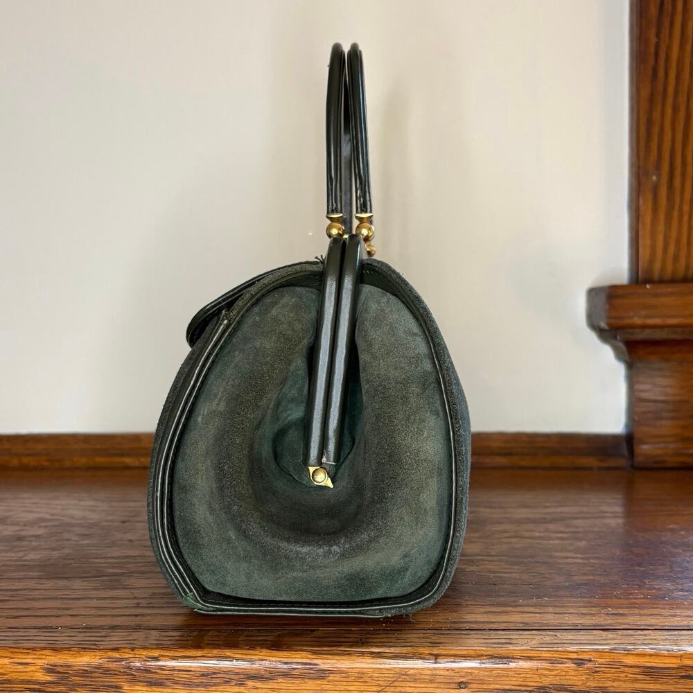 Vintage Suede Doctors Bag Top Handle Satchel Olive Green Gold Hardware - Picture 2 of 12